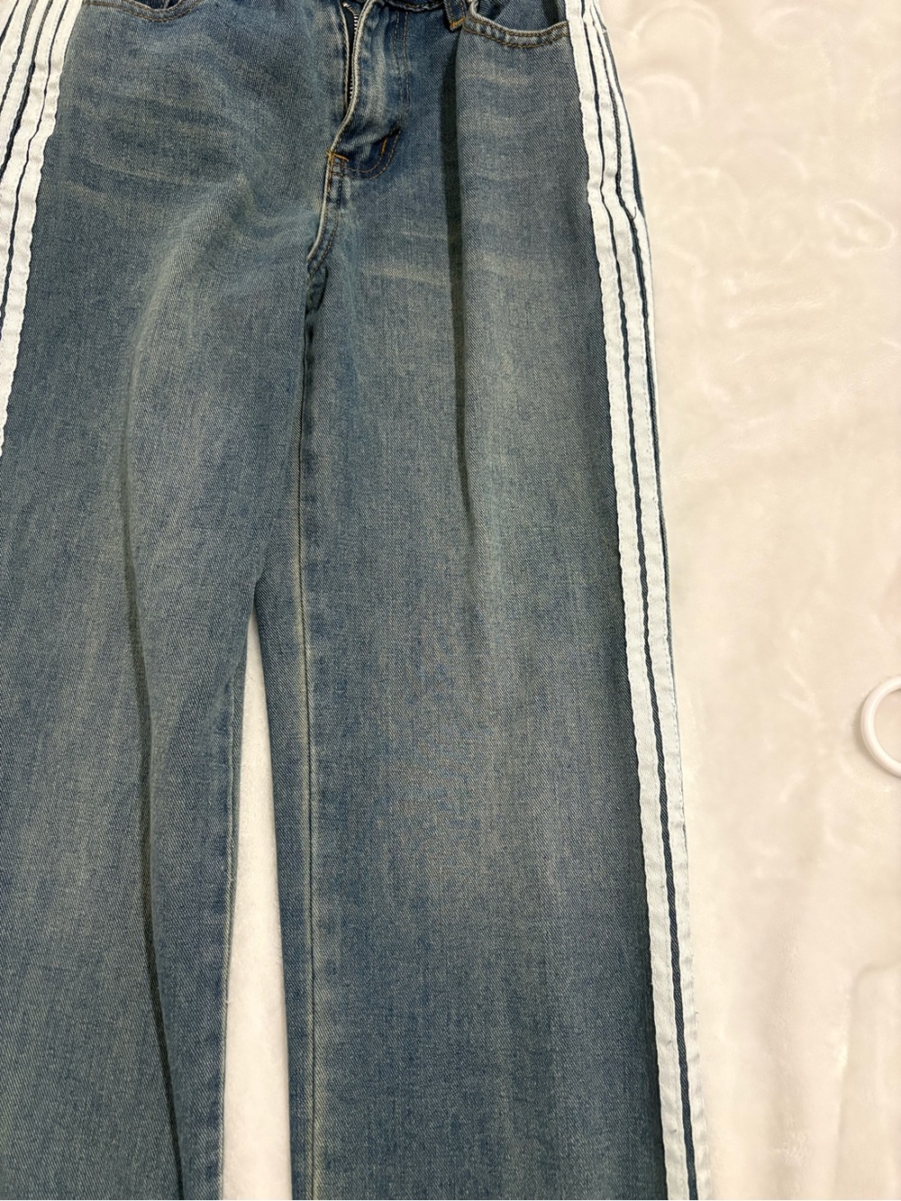 Fashion Nova Blue Straight-Leg Jeans with White Side Stripes